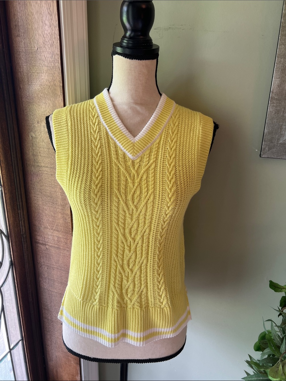 French Connection Yellow Cable-Knit V-Neck Sweater Vest with White Trim